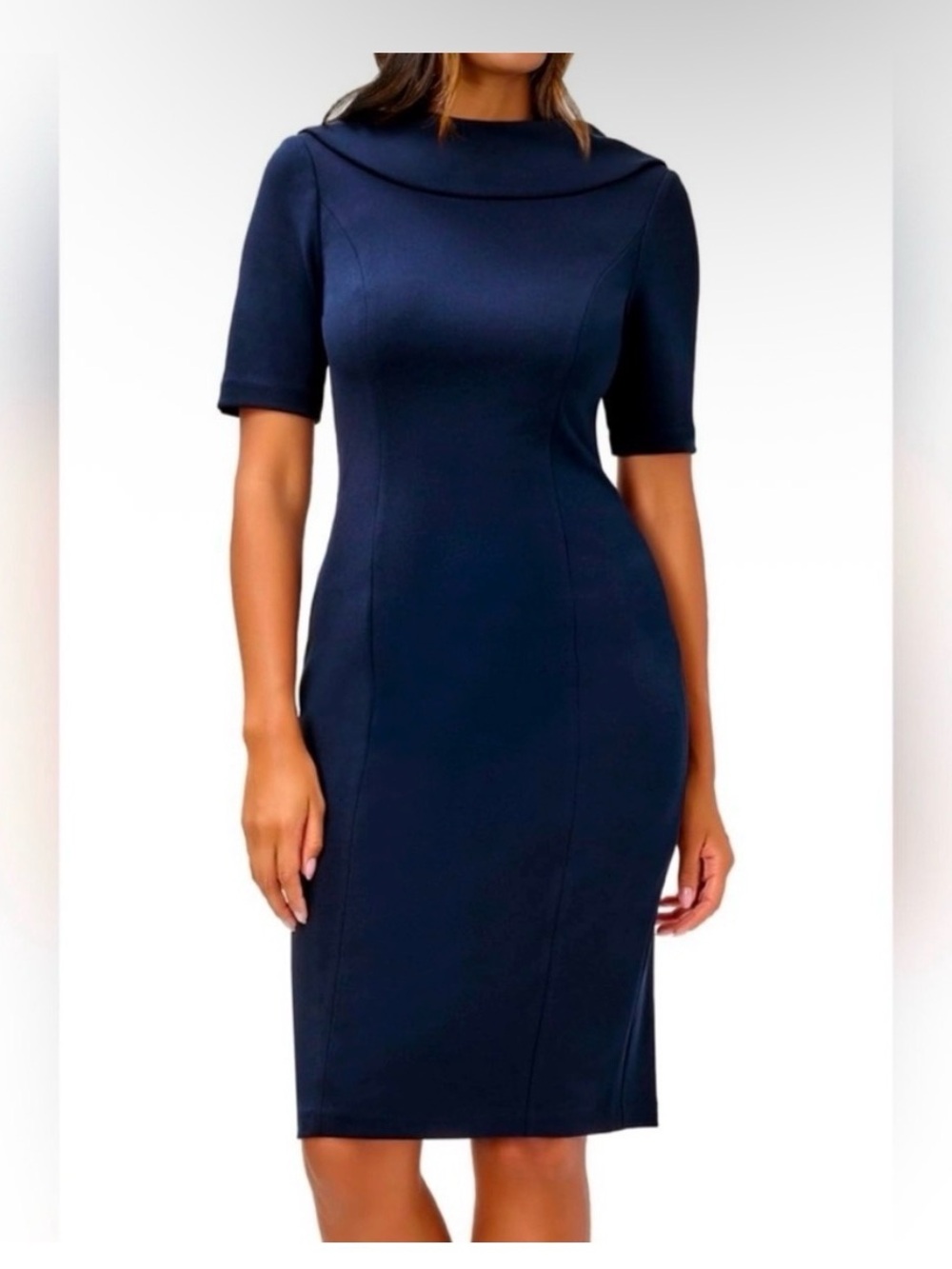 Adrianna Papell Size 4 Navy Blue Portrait Collar Sheath Midi Dress NWT GALA MOB